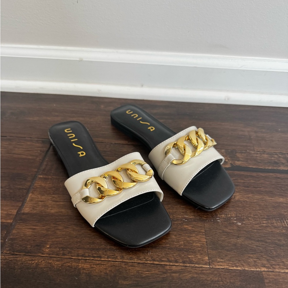 Unisa Cream and Gold Chain Slide Sandals